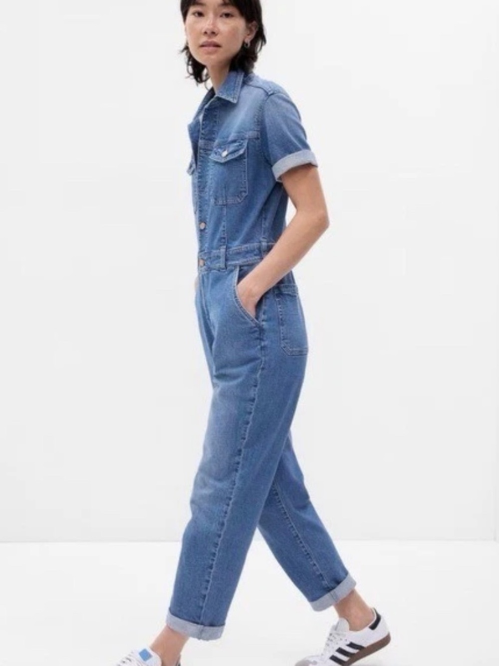 Gap Denim Jumpsuit Womens Size M Blue Belted Short Sleeve Utility One Piece